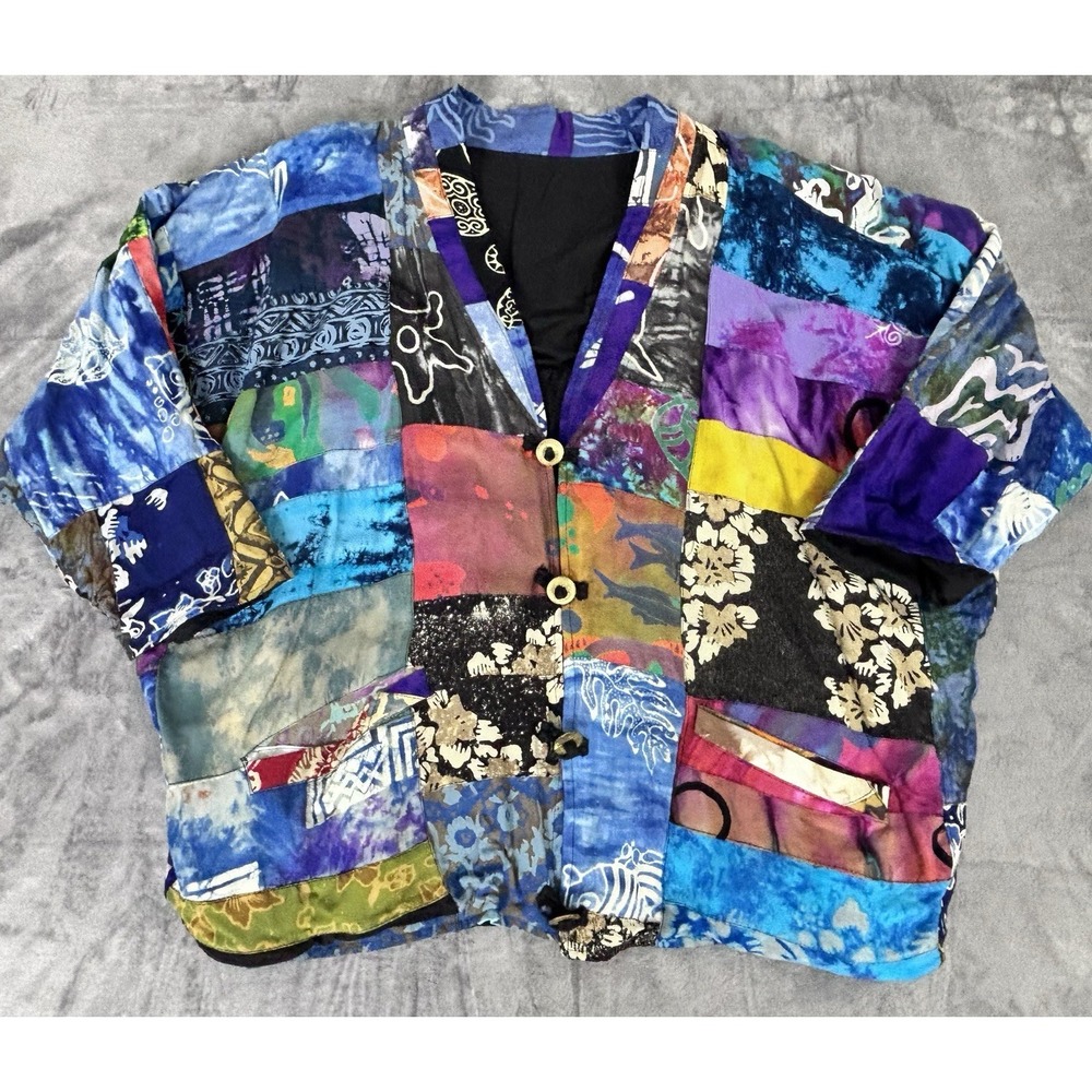 Vintage 80s Patchwork Rayon Batwing Jacket One Size Boho Art To‎ Wear